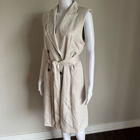 H&M linen blend belted tie waist double breasted sleeveless dress size L - Picture 4 of 8